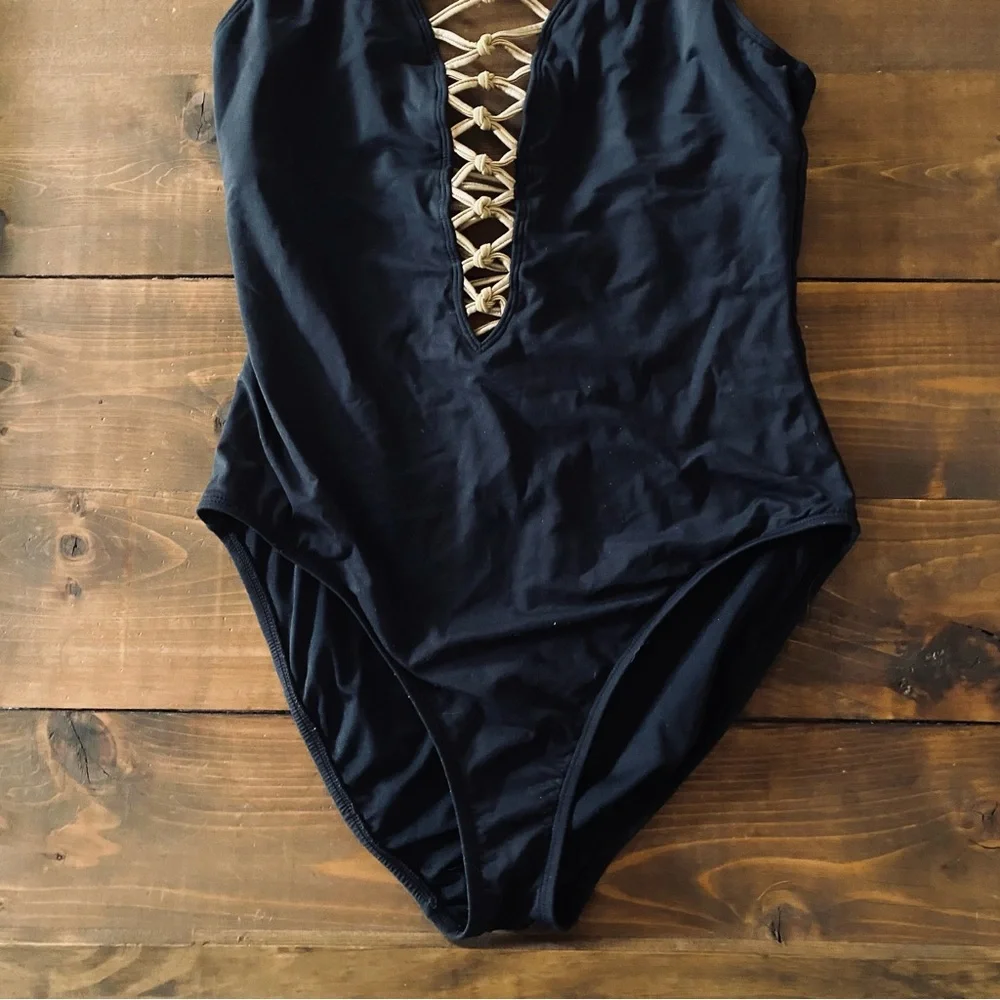 Bleu Rod Beattie Black Let’s Get Knotty Lace Up One Piece Swimsuit